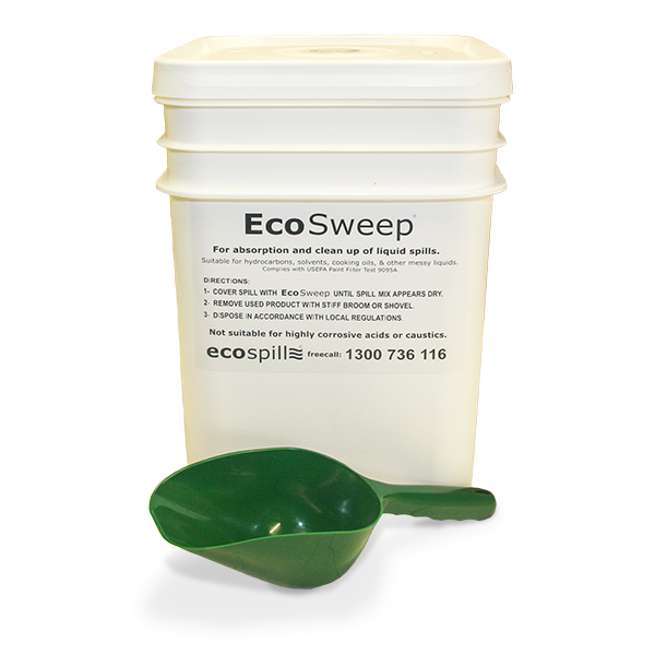 SAB10 EcoSweep Bioactive Absorbent 10kg Bucket with Scoop | EcoSweep Absorbent | fuel and oil spill clean up | hydrocarbon spill absorbent | premium absorbent | not kitty litter | best absorbent for oil spills | Ecospill | Spill Kits | Environmental Compliance | Brisbane | Sydney | Melbourne | Perth | Tasmania | Adelaide | Mine Supplies | Spill control products | spill containment | Australia